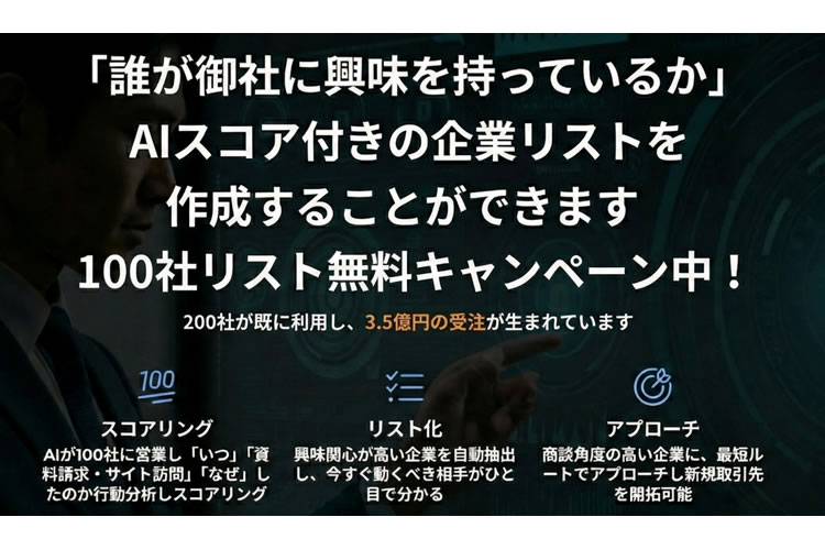 AIで抽出した見込み顧客リストを無料提供中！「自動スクリプト生成 営業支援AI 100社リスト無料キャンペーン」パートナー募集
