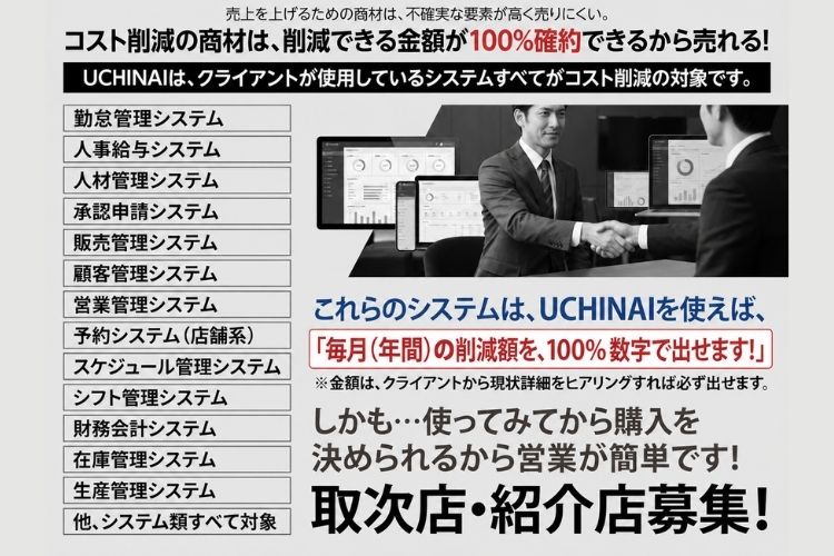 コスト削減を100%確約。使っているシステムすべてが対象になる！「UCHINAI コスト削減」販売パートナー募集